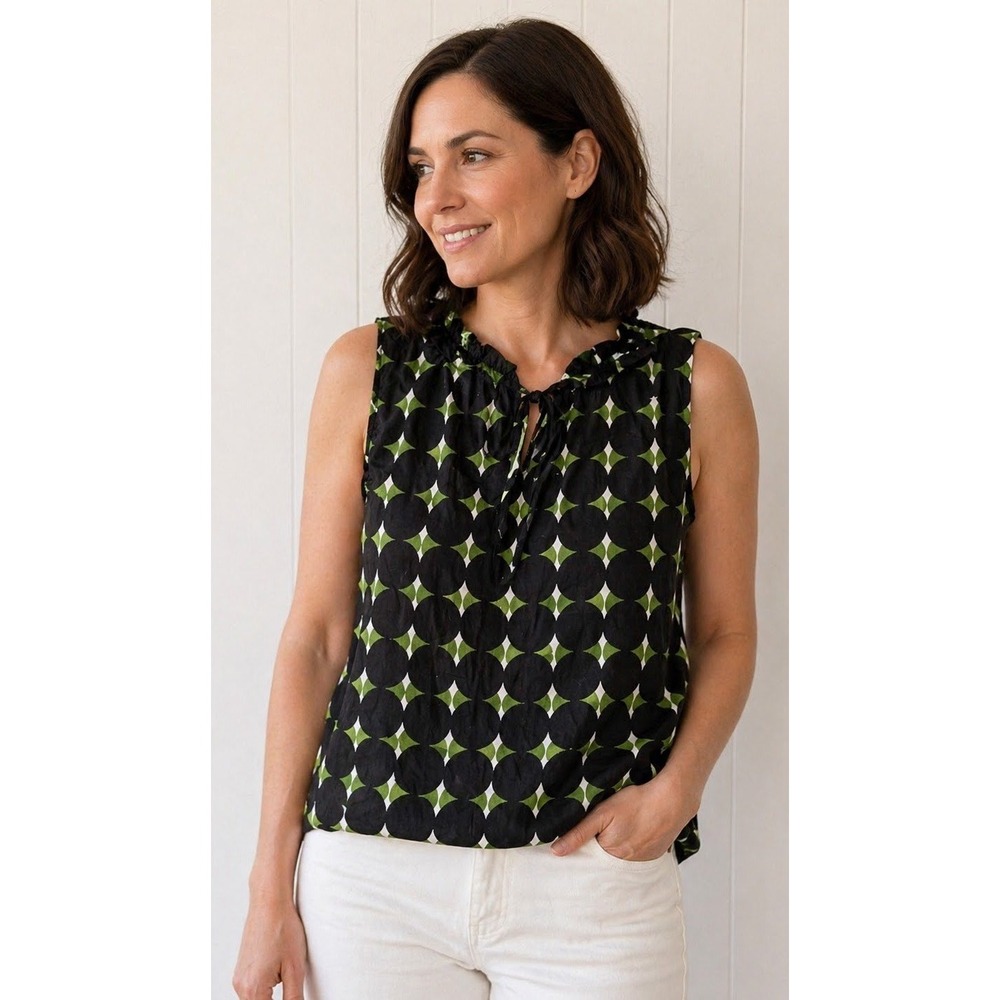 Tommy Hilfiger Womens Large Black Green Geometric Circle Print Ruffle Tie Blouse